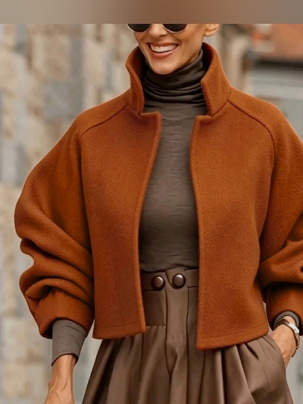Women's Caramel Stand Collar Short Coat, Jacket Raglan Batwing Sleeve, Loose